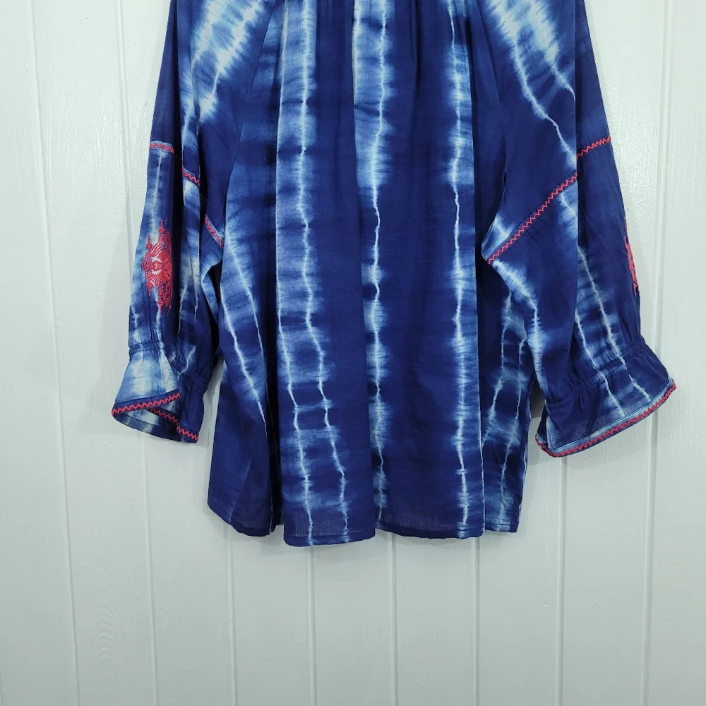 Chicos 4 Womens Sz 20/22 Blue White Tie Dye Tunic Pink Embroidery With Tassels - Picture 10 of 15